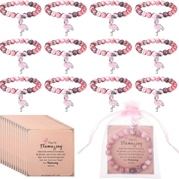 Flamingo Bead Bracelet Set 12 Pink Agate Gifts for Women Friendship - Picture 1 of 6